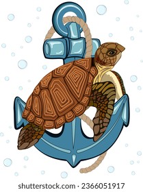 Sea turtle and ship anchor.Vector illustration with a sea turtle and an anchor on a transparent background with bubbles.