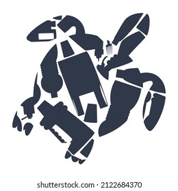 Sea turtle silhouette made from plastic trash. Isolated on white background. Flat vector style. EPS 10