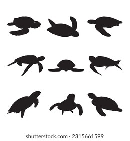 sea turtle silhouette set collection isolated black on white background vector illustration