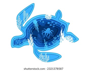 Silueta de tortuga marina, papel subacuático cortado paisaje y algas marinas, vector de corte de papel. Octopus, calzado de peces y medusas en arrecife de coral submarino, paisaje submarino oceánico en capas 3D de papel cortado