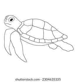 Sea Turtle. A simple line drawing drawn by hand. Vector. Black outline. Coloring underwater animals.
