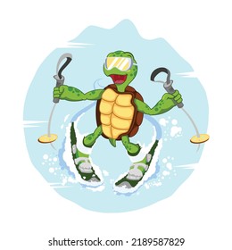 sea turtle skiing on snow vector, happy tortoise having fun with ski, skiing turtle emblem for kids book, green turtle mascot in snow having fun in winter