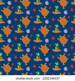 Sea turtle, sea, starfish - childrens pattern. Vector illustration on a dark background. For covers and prints, packaging materials and textiles.