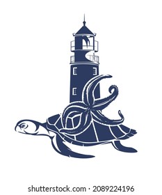 sea turtle, starfish and lighthouse tower blue and white vector monochrome outline for endangered aquatic life species concept