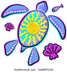 Sea Turtle and Sun Abstract Glitch Ultraviolets, vector logo, symbol of health, longevity and journey.