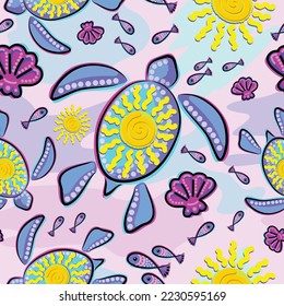 Sea Turtle and Sun Abstract Glitch Ultraviolet Symbol Vector Seamless Pattern