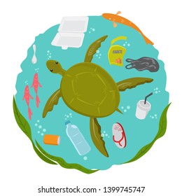 Sea Turtle Surrounded by Garbage 
for Environmental Problem Campaign 