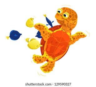 Sea turtle swimming with fish