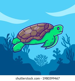 Sea turtle swimming in ocean Vector Cartoon Illustrations for World Ocean Day