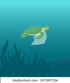 Sea turtle swimming with plastic bag vector illustration ecological poster