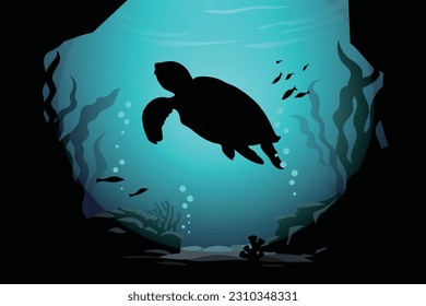 A sea turtle swimming under a seaweed cave