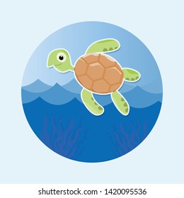 Sea turtle swimming in the sea waves.