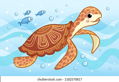 The sea turtle swims along the sea among fish and waves. Vector illustration with cute sea animal on a children's theme.