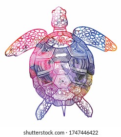 The sea turtle swims. Meditative coloring of antistress. Arrows, strips, scales, lines. Logo, print on the T-shirt. Children's painting, drawing by hand. 