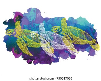 The sea turtle swims. Meditative coloring of antistress. Arrows, strips, scales, lines. Logo, print on the T-shirt. Children's painting, drawing by hand. 