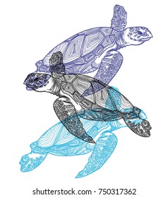 The sea turtle swims. Meditative coloring of antistress. Arrows, strips, scales, lines. Logo, print on the T-shirt. Children's painting, drawing by hand. 