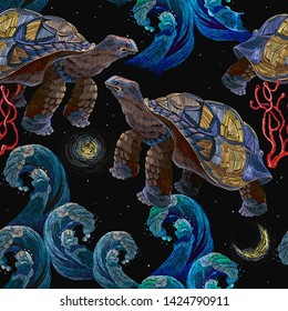 Sea turtle swims in night ocean seamless pattern. Embroidery summer water tropical art. Fashionable clothes, t-shirt design 
