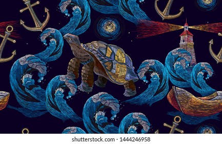 Sea turtle swims in night ocean, lighthouse and anchor seamless pattern. Embroidery summer water tropical art. Fashionable clothes, t-shirt design 