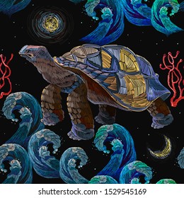 Sea turtle swims in night ocean, underwater seamless pattern. Embroidery tropical art. Fashionable clothes, t-shirt design 