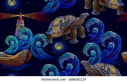 Sea turtle swims in night ocean, lighthouse and wooden boat seamless pattern. Embroidery summer water tropical art. Fashionable clothes, t-shirt design 