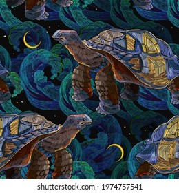 Sea turtle swims in night ocean. Embroidery tropical art. Underwater seamless pattern. Fashionable clothes, t-shirt design 