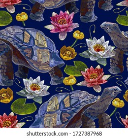 Sea turtle swims and water lilies seamless pattern. Embroidery tropical water background. Fashionable clothes, t-shirt design 