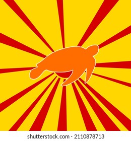 Sea turtle symbol on a background of red flash explosion radial lines. The large orange symbol is located in the center of the sun, symbolizing the sunrise. Vector illustration on yellow background