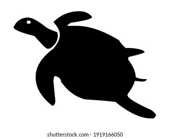 Sea turtle, tortoise with fins diving, sea animal, silhouette, vector, illustration in black and white color, isolated on white background