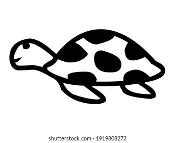 Sea turtle, tortoise with shell and fins, sea animal, silhouette, vector, illustration in black and white color, isolated on white background