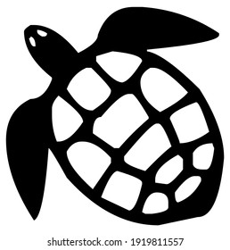 Sea turtle, tortoise with shell and frontal fins, sea animal, silhouette, vector, illustration in black and white color, isolated on white background