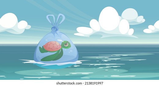 Sea turtle trapped in plastic bag floating on ocean water surface. Stop pollution, save nature, Earth planet and wild animals ecological World environment day concept, Cartoon vector illustration