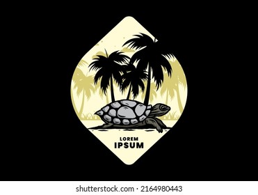 Sea turtle under the coconut tree illustration design