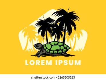 Sea turtle under the coconut tree illustration design
