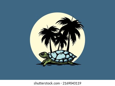 Sea turtle under the coconut tree illustration design