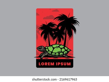 Sea turtle under the coconut tree illustration design