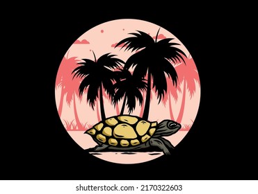 Sea turtle under the coconut tree illustration design