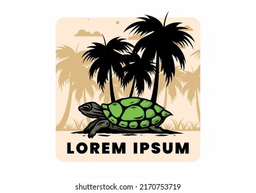 Sea turtle under the coconut tree illustration design