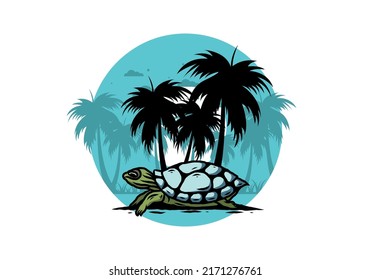 Sea turtle under the coconut tree illustration design