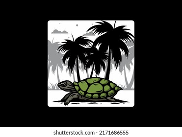 Sea turtle under the coconut tree illustration design