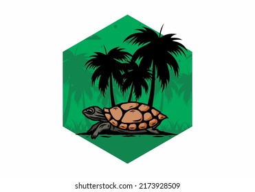 Sea turtle under the coconut tree illustration design