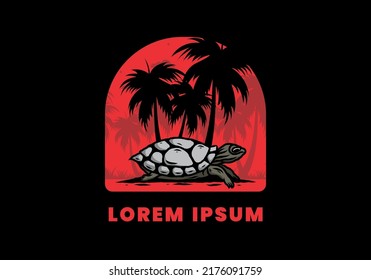 Sea turtle under the coconut tree illustration design