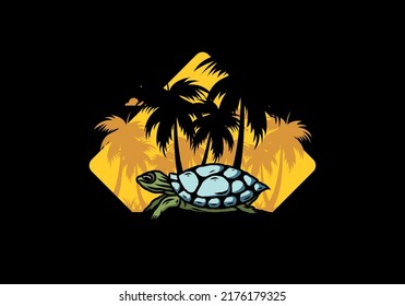 Sea turtle under the coconut tree illustration design
