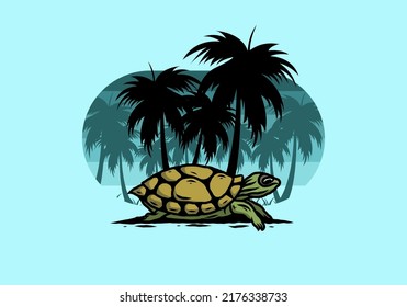 Sea turtle under the coconut tree illustration design