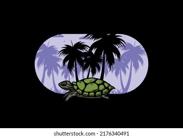 Sea turtle under the coconut tree illustration design