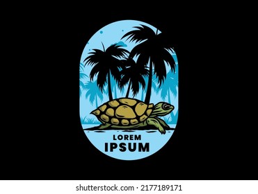 Sea turtle under the coconut tree illustration design
