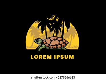 Sea turtle under the coconut tree illustration design