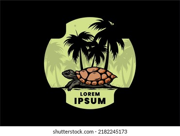 Sea turtle under the coconut tree illustration design