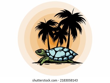 Sea turtle under the coconut tree illustration design
