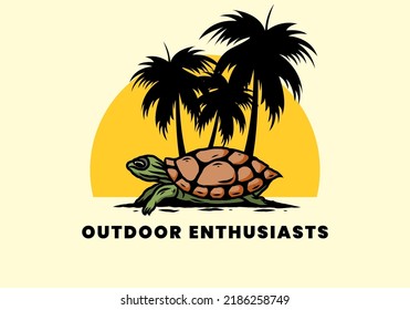 Sea turtle under the coconut tree illustration design