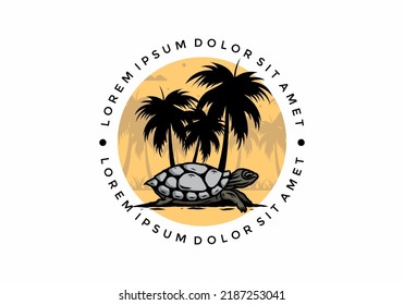 Sea turtle under the coconut tree illustration design